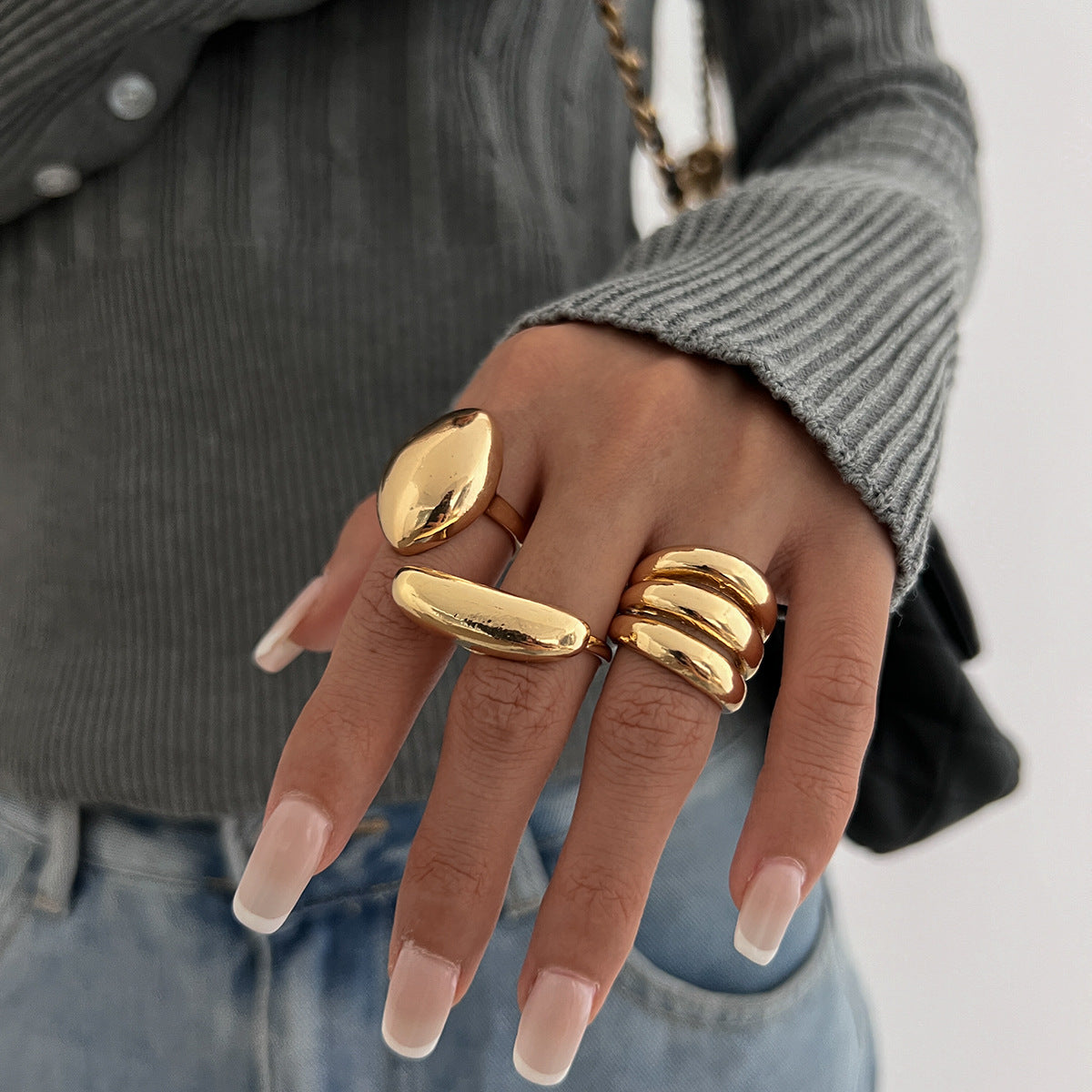 Hand Jewelry Personality Smooth Irregular Geometric Joint Ring Hip Hop Style Women's Ring Set