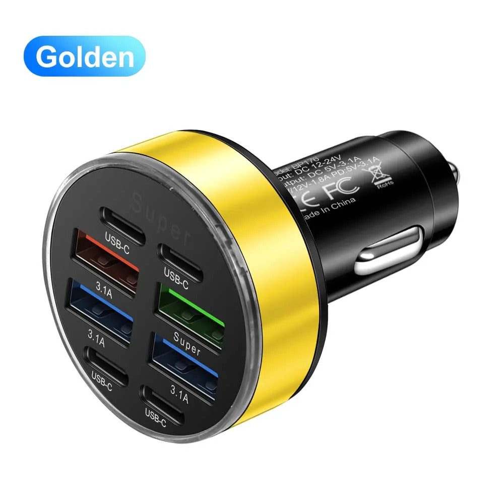100W 8 Ports Car Charger Fast Charging PD QC3.0 USB C Car Phone Charger Type C Adapter in Car For iPhone Samsung Huawei Xiaomi