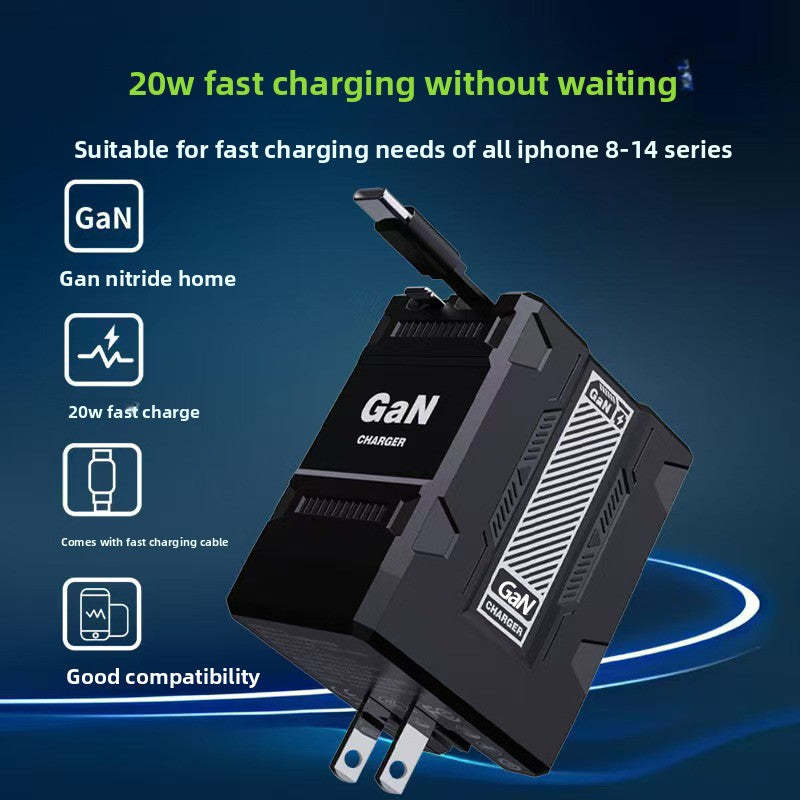 Mecha Style Fully Compatible GaN Fast Charger Compatible with Apple and Android Fast Charging Dual Retractable Cable Charger