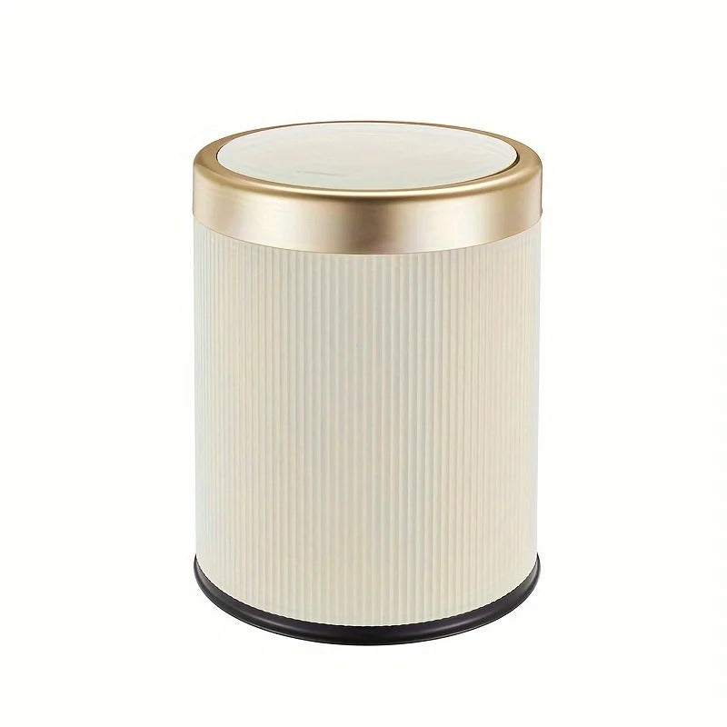 1 fashionable circular top garbage bin with gold edge - durable, stylish storage essential household garbage basket