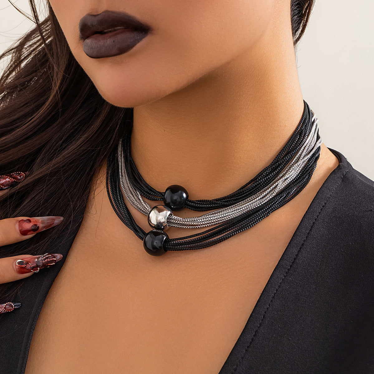 Cross-Border Exaggerated Punk Multi-Layer Chain Stacked Necklace Simple Niche Geometric Ball Personality Choker Necklace