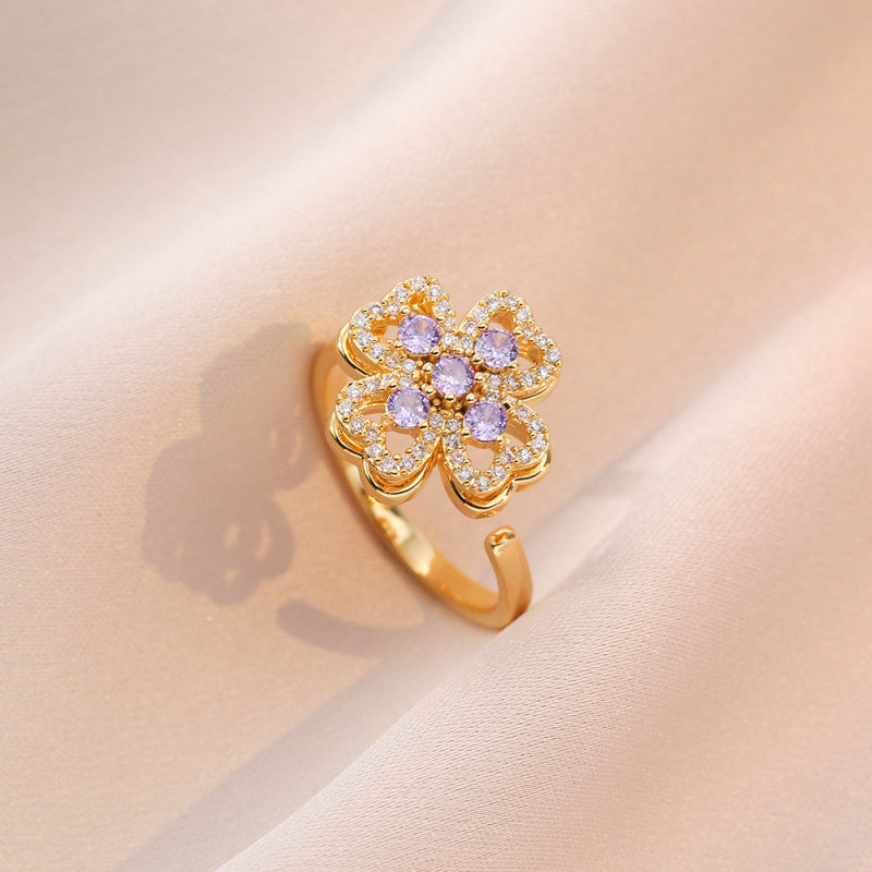 Rotating Ring for Women with Micro Paved Zircon, Elegant and Minimalist Style, Versatile Full Diamond Round Clover Ring Jewelry
