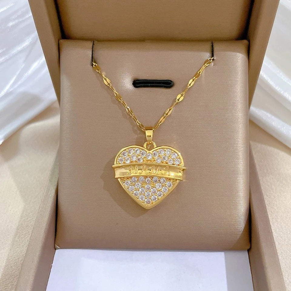 ZAKOL Classic Gold Color Stainless Steel Necklace For Women Shiny Zircon Geometric Heart Pendant Necklaces Jewelry Gift