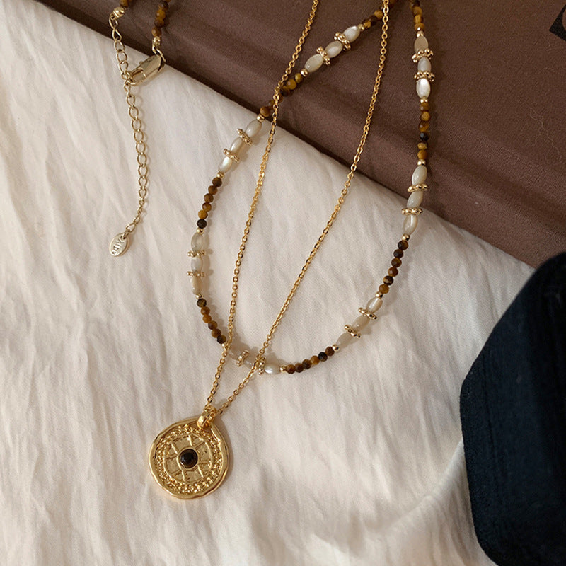 Milad Style Natural Stone Beaded Compass Pendant Layered Necklace for Women, Light Luxury Retro Versatile Choker Collarbone Chain