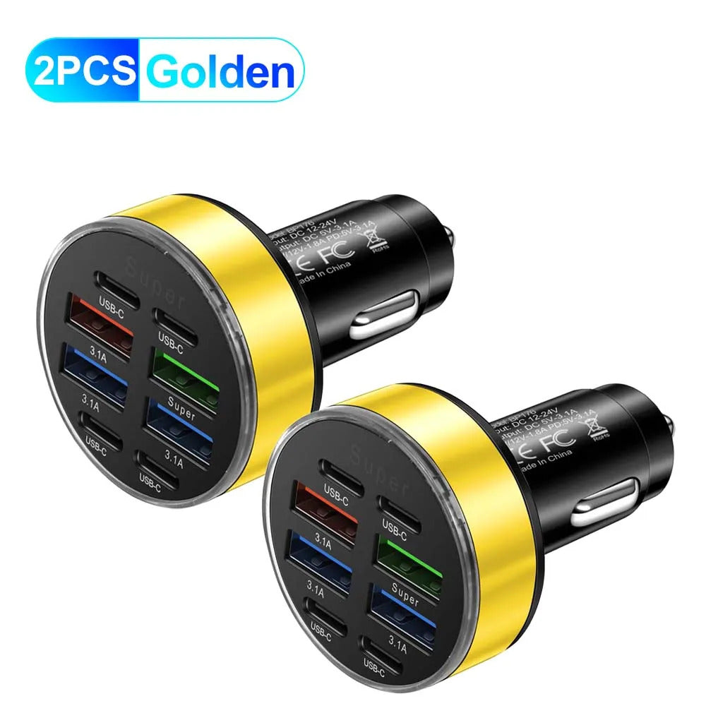 100W 8 Ports Car Charger Fast Charging PD QC3.0 USB C Car Phone Charger Type C Adapter in Car For iPhone Samsung Huawei Xiaomi