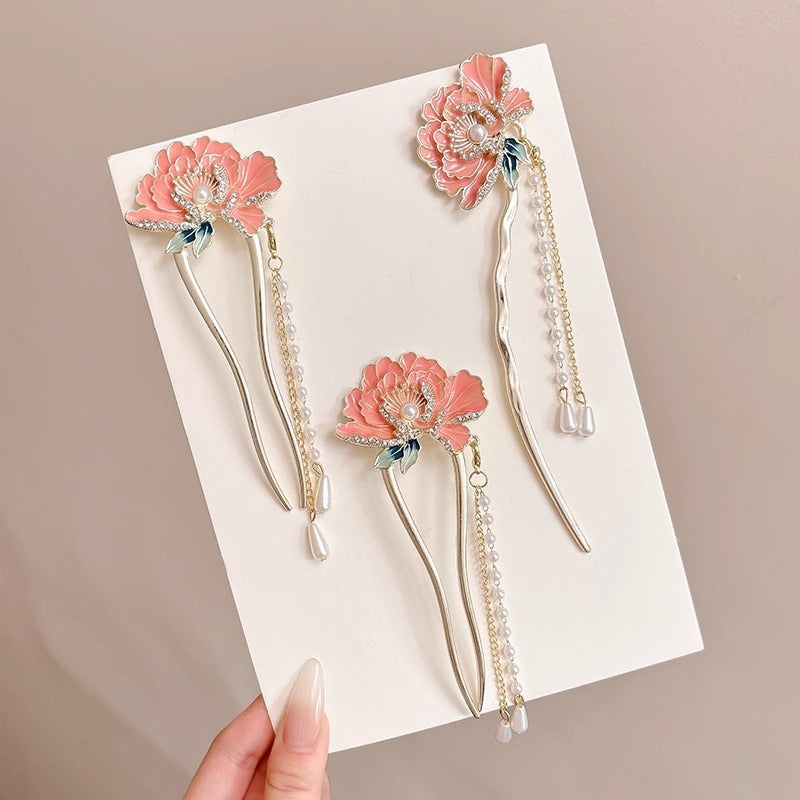 National Style Peony Flower Hairpin for Women 2025 New Super Fairy Step Shake Tassel Hair U-shaped Hairpin Cheongsam Hanfu Hairpin