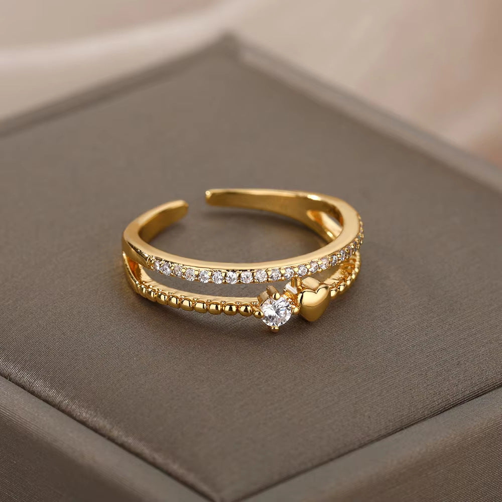 Hot Selling 18K Gold-Plated Full Diamond Titanium Steel Colorfast Open Ring Female Zircon Leaf Ring Female High Sense