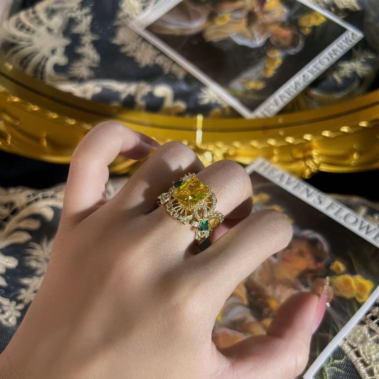 Vintage European and American Hot-Selling Retro Hollow Ring High-End Vintage Custom Temperament Versatile Gemstone Ring
