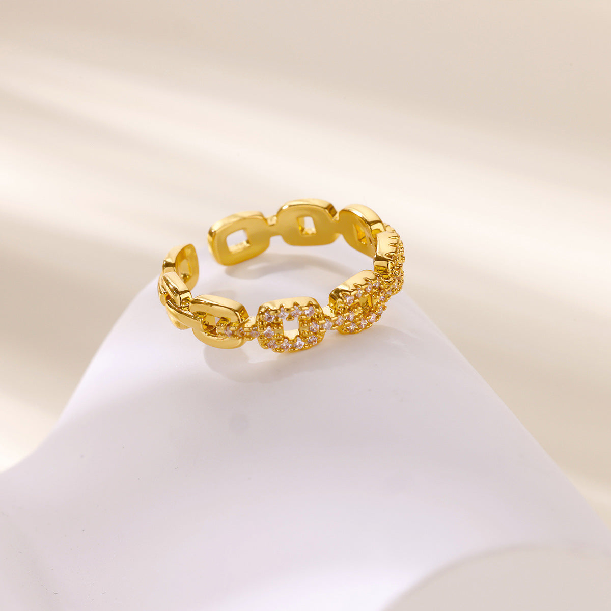 Hot Selling 18K Gold-Plated Full Diamond Titanium Steel Colorfast Open Ring Female Zircon Leaf Ring Female High Sense
