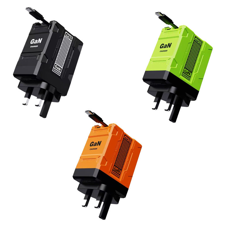Mecha Style Fully Compatible GaN Fast Charger Compatible with Apple and Android Fast Charging Dual Retractable Cable Charger