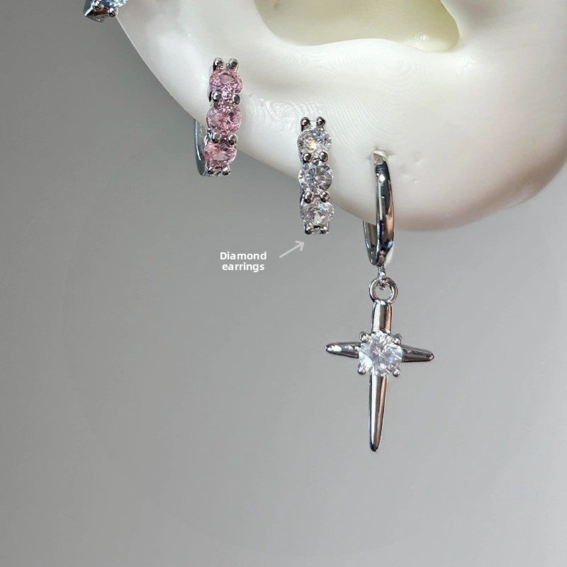 Sweet Cool Style Super Shiny Cross Earrings Cool Korean Sweet Temperament Double Ear Hole Ear Jewelry