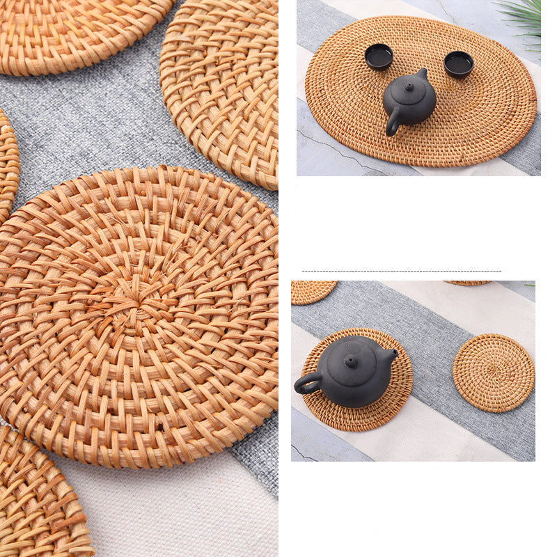 In Stock Vietnam Rattan Coaster Handmade Round Tabletop Tea Coaster Autumn Rattan Dining Table Western Food Mat Heat Insulation Tea Set Accessories