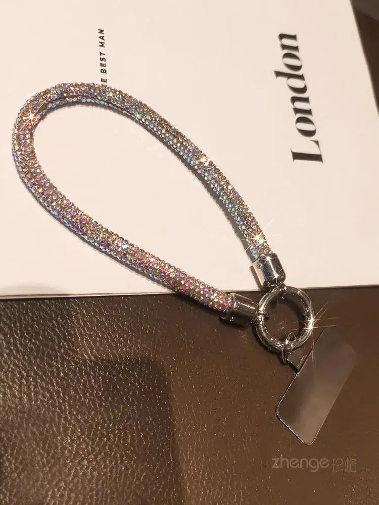 1pc Short Full Diamond Mobile Phone Lanyard Women's Small Fragrant Wind Short Wrist Case Universal Anyard Metal Clip Lanyard
