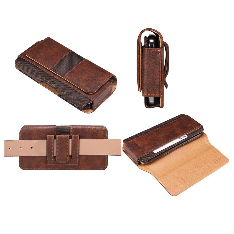 Universal Leather Mobile Phone Waist Bag For iPhone 15 14 13 12 Pro Max Samsung Huawei Xiaomi Men Belt Clip Cover With Card Slot