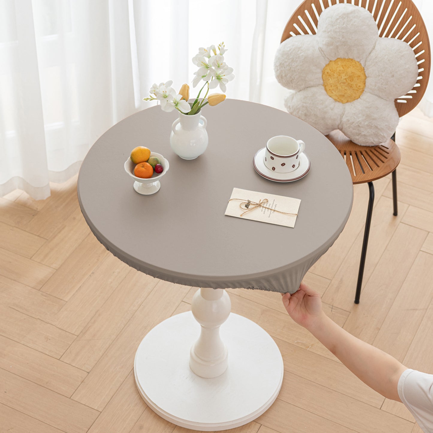 All-inclusive Stretch Household Dining Table Set Leather Non-washable Round Table Set Simple Solid Color Round Leather Cover Dustproof Non-slip