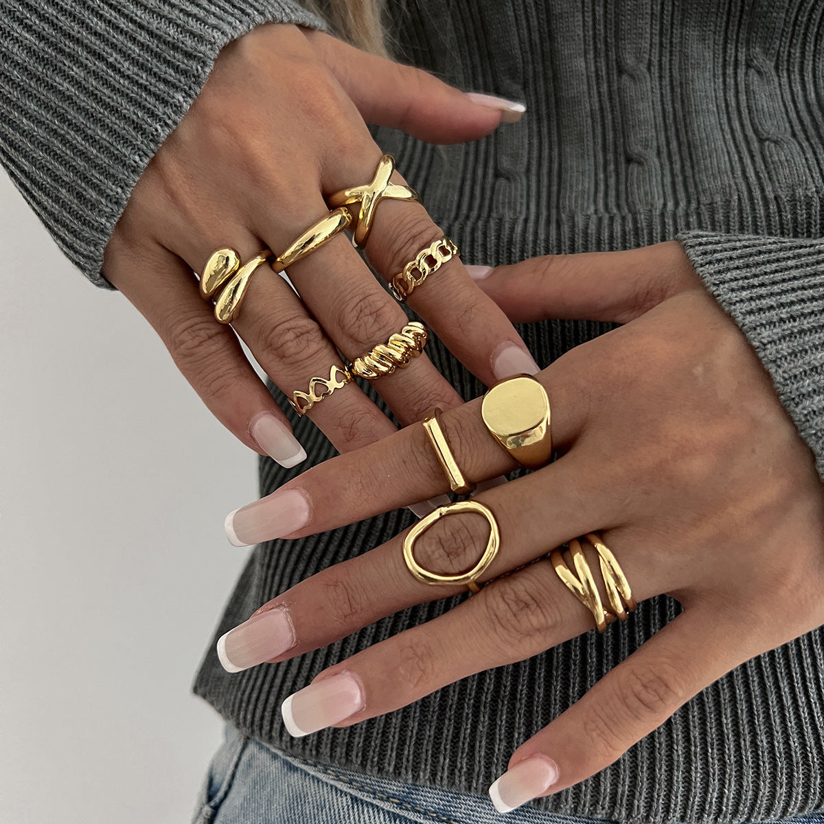 Hand Jewelry Personality Smooth Irregular Geometric Joint Ring Hip Hop Style Women's Ring Set