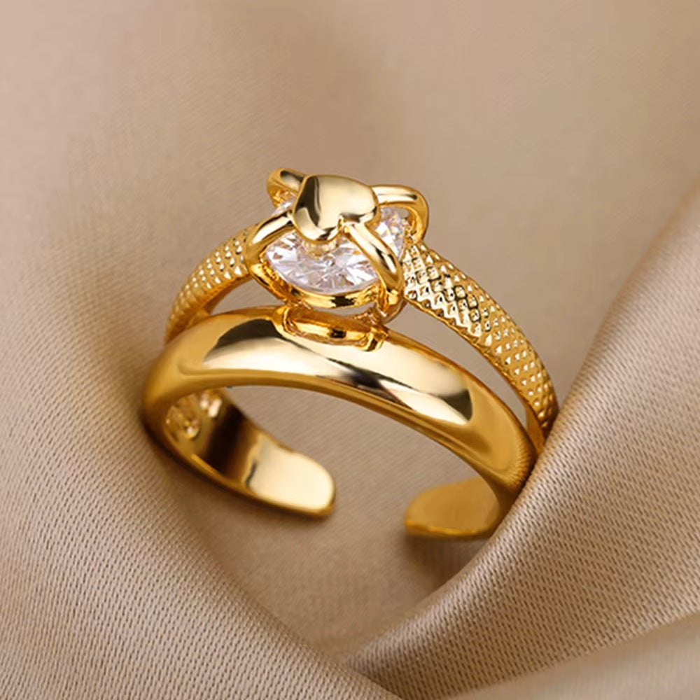 Hot Selling 18K Gold-Plated Full Diamond Titanium Steel Colorfast Open Ring Female Zircon Leaf Ring Female High Sense