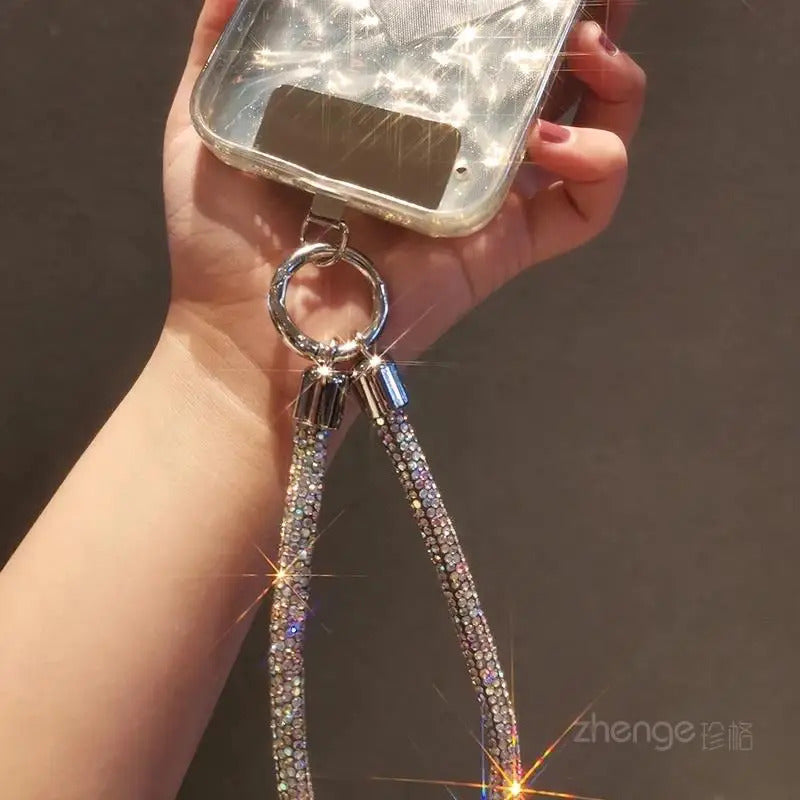 1pc Short Full Diamond Mobile Phone Lanyard Women's Small Fragrant Wind Short Wrist Case Universal Anyard Metal Clip Lanyard