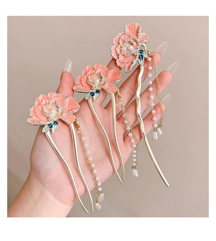 National Style Peony Flower Hairpin for Women 2025 New Super Fairy Step Shake Tassel Hair U-shaped Hairpin Cheongsam Hanfu Hairpin