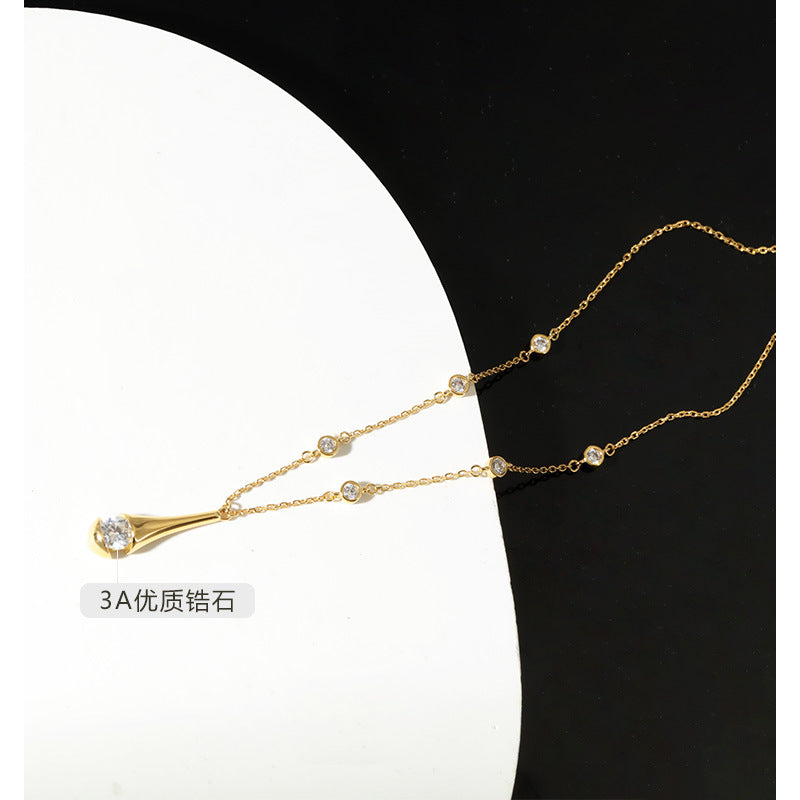 925 Sterling Silver Women's Shiny Water Drop Collarbone Chain High-end Niche Design Ins Style Necklace