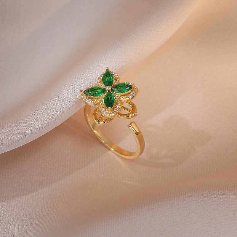 Rotating Ring for Women with Micro Paved Zircon, Elegant and Minimalist Style, Versatile Full Diamond Round Clover Ring Jewelry