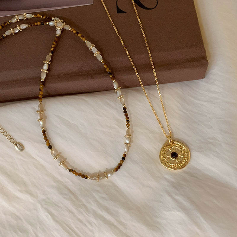 Milad Style Natural Stone Beaded Compass Pendant Layered Necklace for Women, Light Luxury Retro Versatile Choker Collarbone Chain