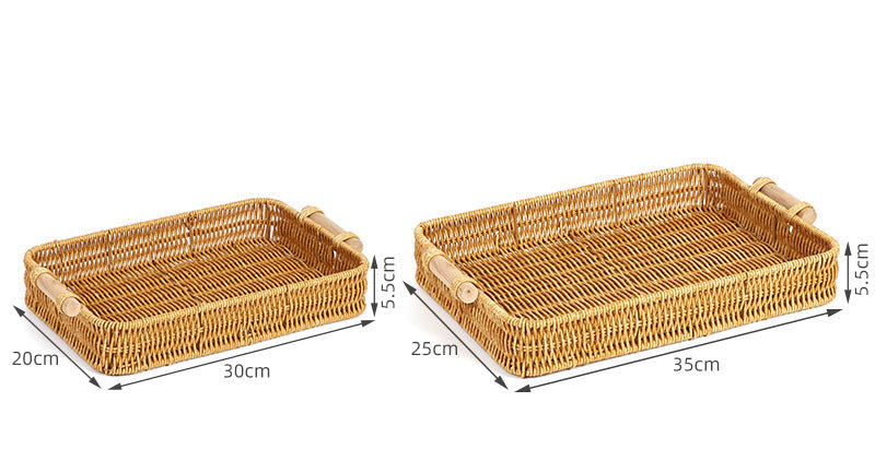 Fruit Plate Hand-Woven Japanese Bread Basket Steamed Bun Basket Living Room Household Storage Basket Rattan Double Ear Tray