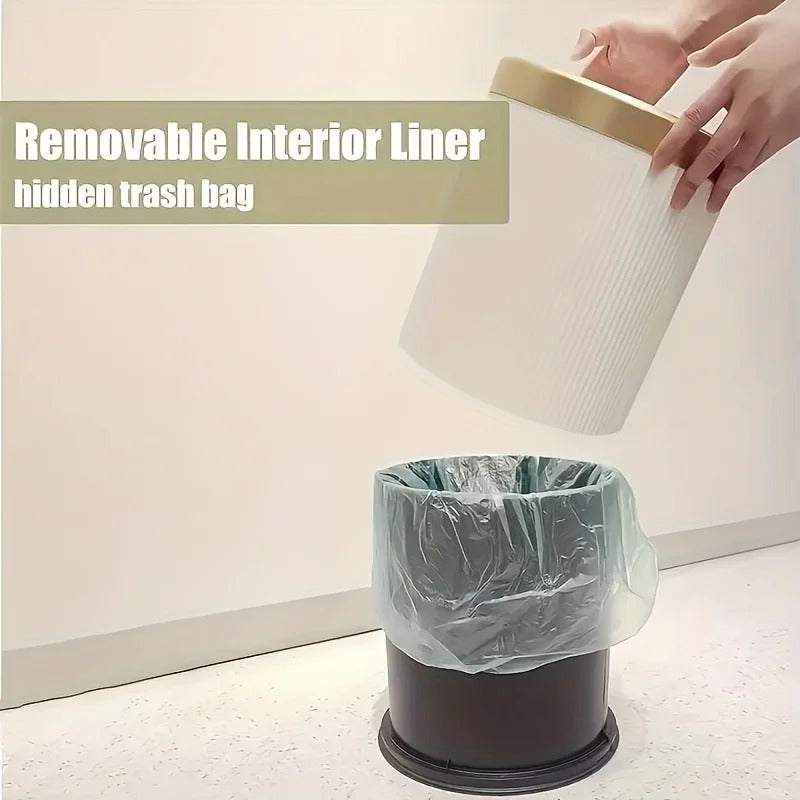1 fashionable circular top garbage bin with gold edge - durable, stylish storage essential household garbage basket