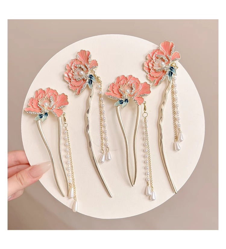 National Style Peony Flower Hairpin for Women 2025 New Super Fairy Step Shake Tassel Hair U-shaped Hairpin Cheongsam Hanfu Hairpin
