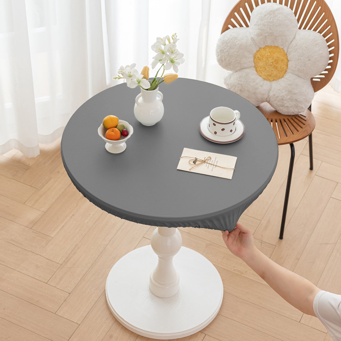 All-inclusive Stretch Household Dining Table Set Leather Non-washable Round Table Set Simple Solid Color Round Leather Cover Dustproof Non-slip