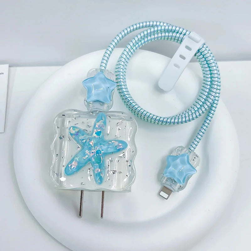 Korean Cute 3D Crystal Star USB Cable Protector Cover For iPhone 18W-20W Data Line Bite Head Cord Flower Fast Charging Case