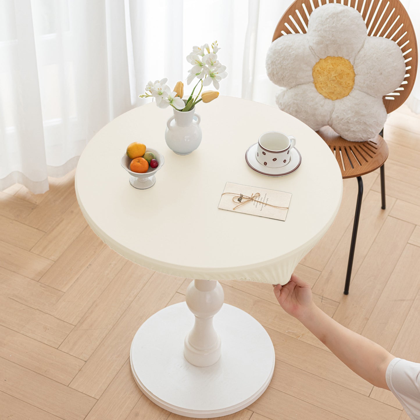All-inclusive Stretch Household Dining Table Set Leather Non-washable Round Table Set Simple Solid Color Round Leather Cover Dustproof Non-slip