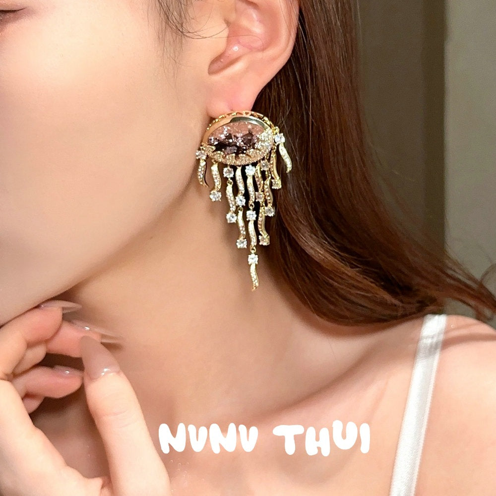 Sparkling PA Pink Cloud Pattern Jellyfish Tassel Gem Earrings Rich Woman's Happy Egg-Shaped Princess Pink Earrings