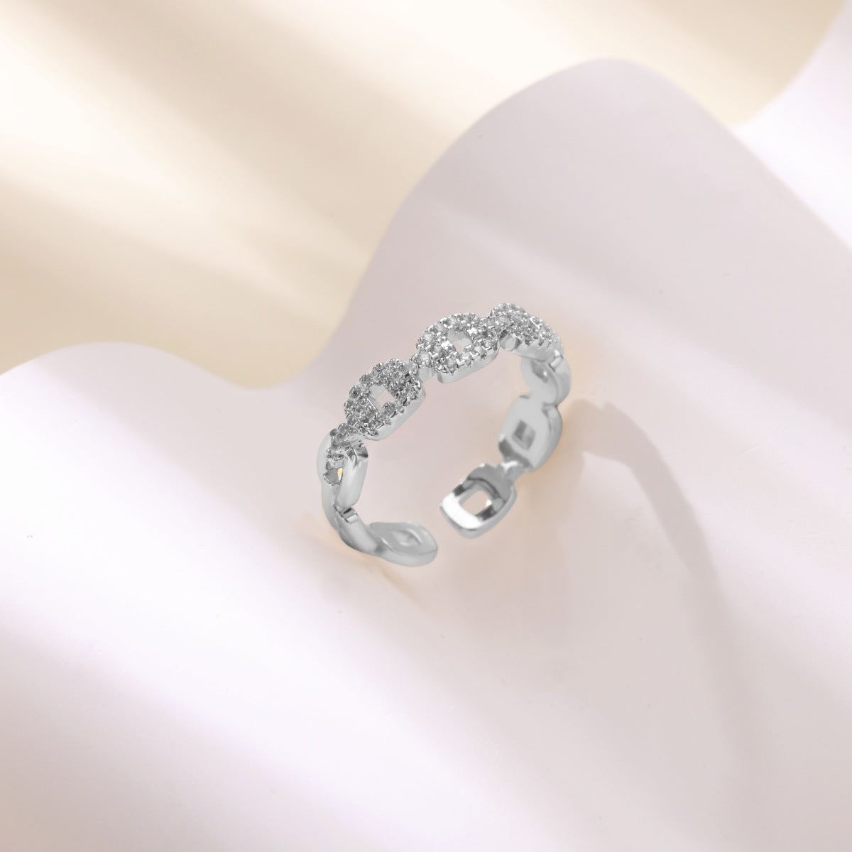 Hot Selling 18K Gold-Plated Full Diamond Titanium Steel Colorfast Open Ring Female Zircon Leaf Ring Female High Sense