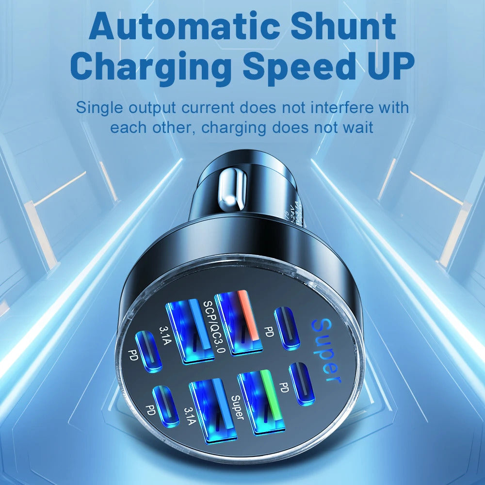 100W 8 Ports Car Charger Fast Charging PD QC3.0 USB C Car Phone Charger Type C Adapter in Car For iPhone Samsung Huawei Xiaomi