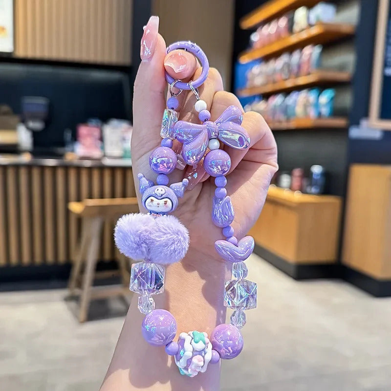 Sanrio Hello Kitty Melody Hairball Mobile Phone Chain Camera Pendant Kuromi Hand Painted Beaded Kawaii Bracelet Key Chain Gift
