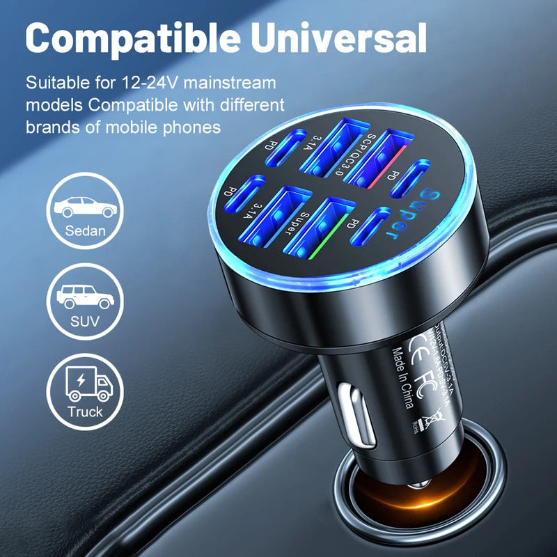 100W 8 Ports Car Charger Fast Charging PD QC3.0 USB C Car Phone Charger Type C Adapter in Car For iPhone Samsung Huawei Xiaomi