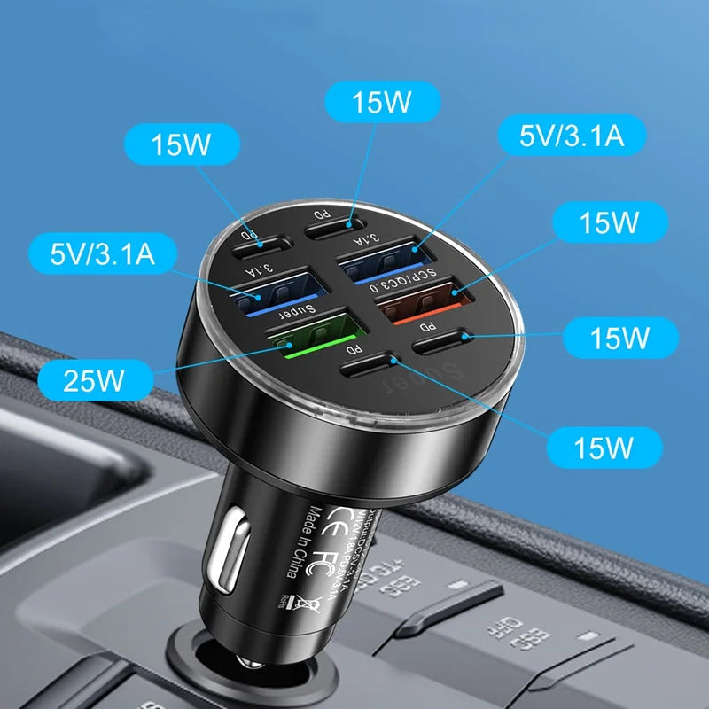 100W 8 Ports Car Charger Fast Charging PD QC3.0 USB C Car Phone Charger Type C Adapter in Car For iPhone Samsung Huawei Xiaomi