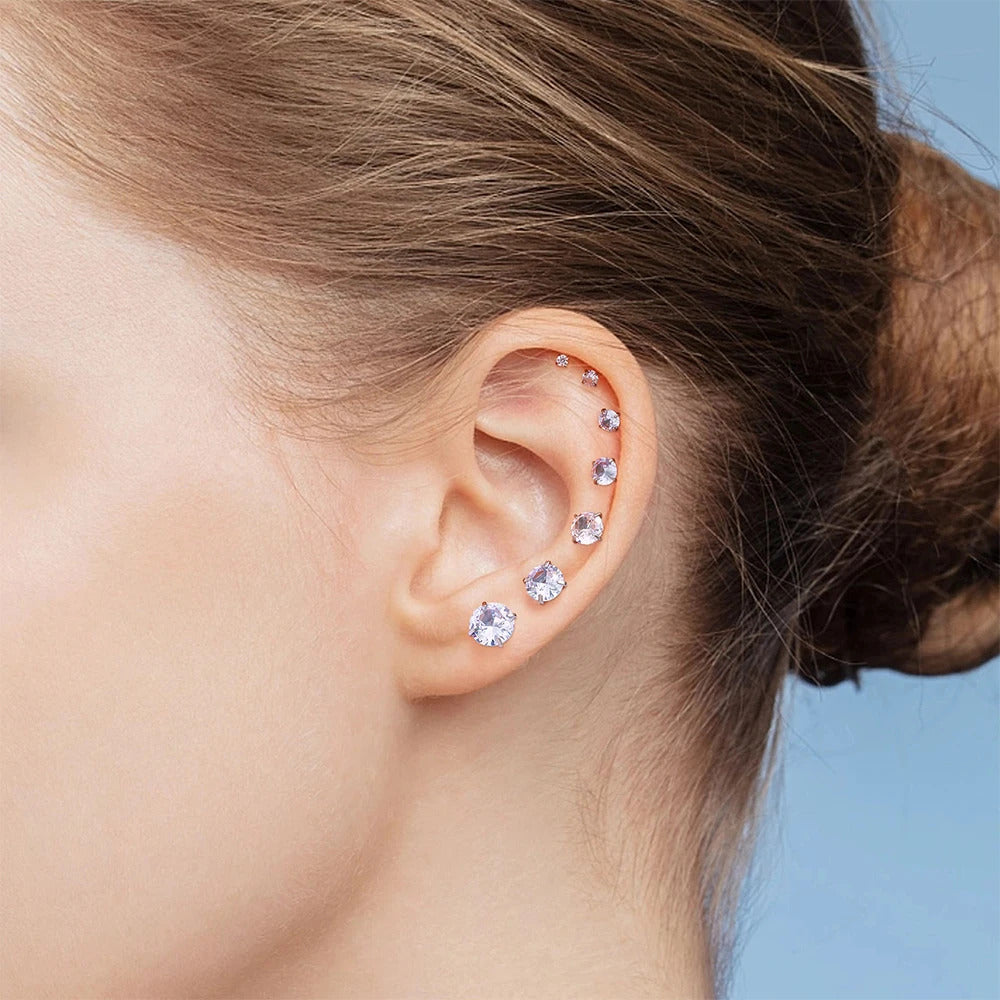 2/10PCS Stainless Steel 4 Prong Ear Studs Earrings Round Crystal Zircon Women Men Tragus Cartilage Piercing Fashion Jewelry