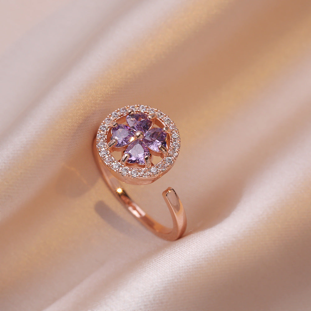 Rotating Ring for Women with Micro Paved Zircon, Elegant and Minimalist Style, Versatile Full Diamond Round Clover Ring Jewelry