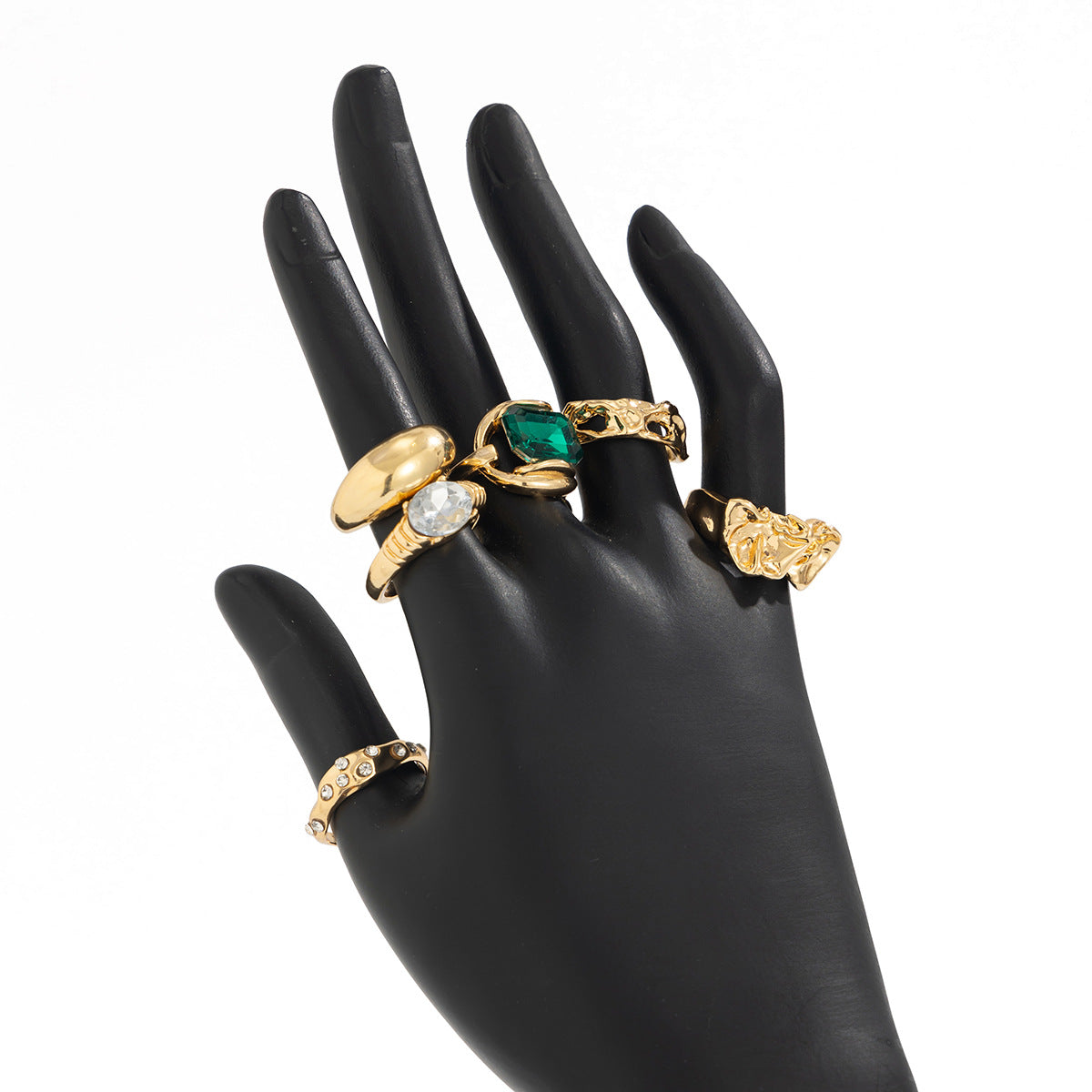Fashionable Hollow Inlaid Irregular Ring Vintage Alloy Wrinkled Ring Set
