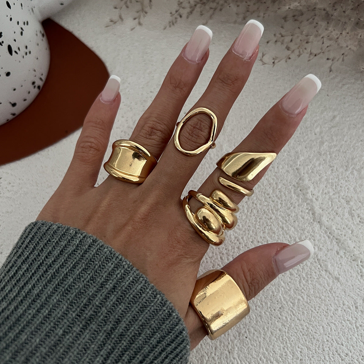 Hand Jewelry Personality Smooth Irregular Geometric Joint Ring Hip Hop Style Women's Ring Set