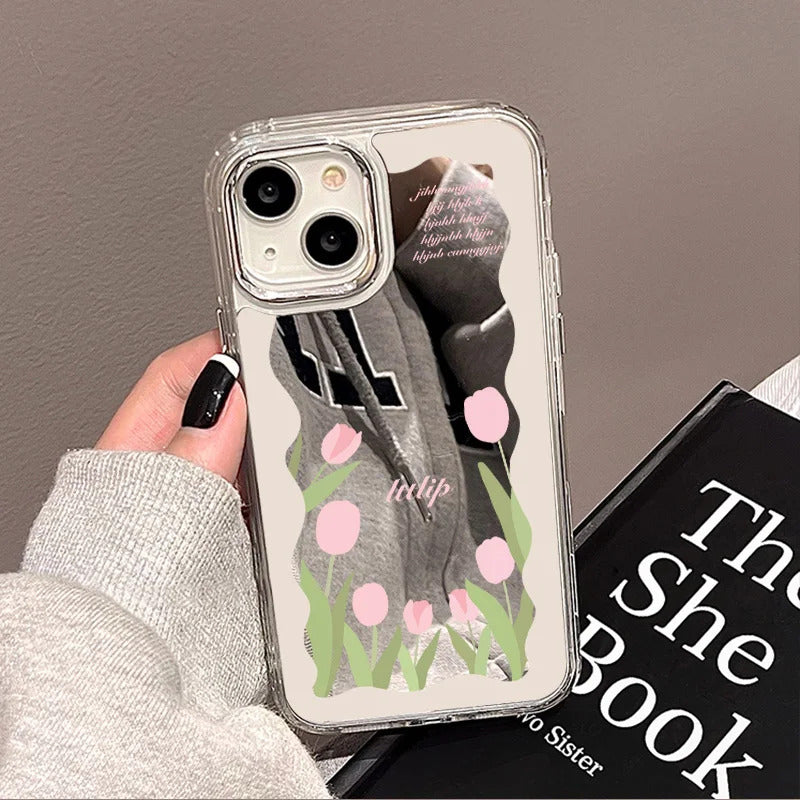 Tulip Flowers Mirror Glass Case For iPhone 11 Pro Max 16 14 13 Pro 12 15 XR XS Max X Case Square Floral Leaf Lette Pattern Cover