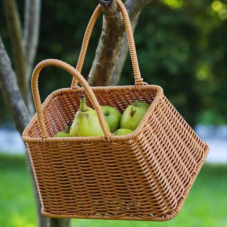 Imitation Rattan Woven Basket Storage Handheld Basket Woven Flower Basket Handmade Gift Storage Bin Organizer Basket Shopping Basket