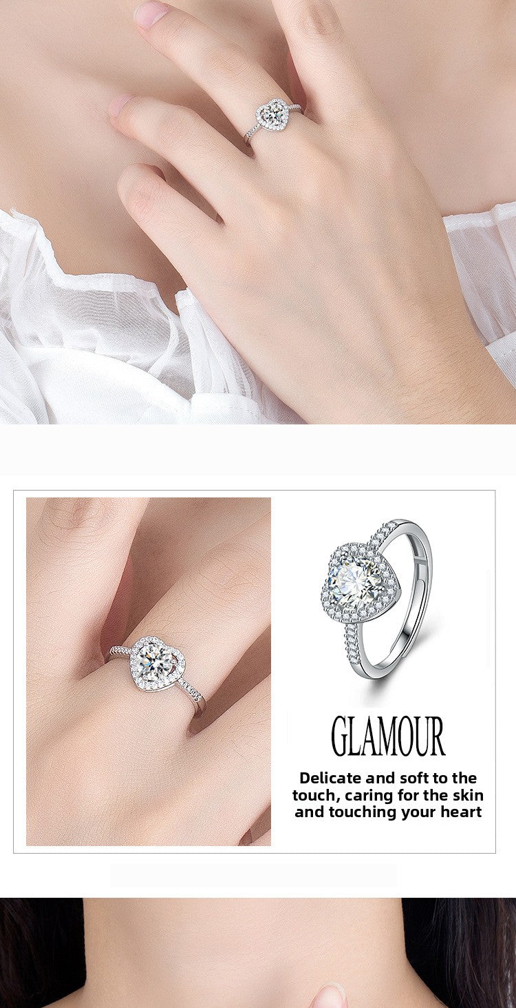 Zircon Ring Sweet Beauty Heart-shaped Hollow Ring 1 karat Moissanite Love Ring