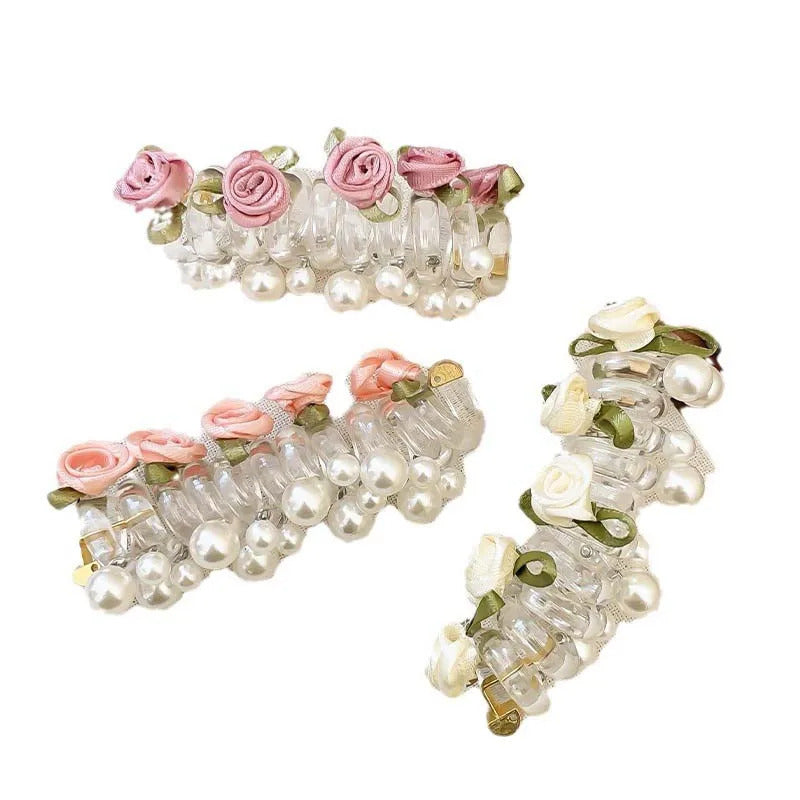 New Rose Flower Telephone Phone Line Hair Rope for Women Girls Elastic Pearl Ponytail Hair Loop Headwear Hair Accessories