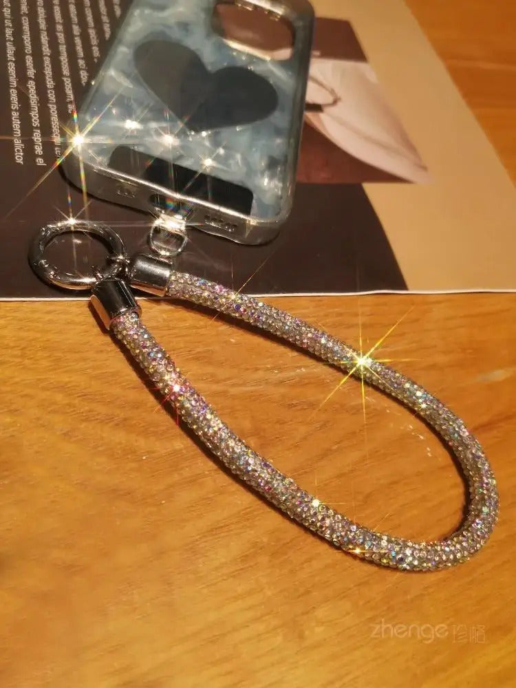 1pc Short Full Diamond Mobile Phone Lanyard Women's Small Fragrant Wind Short Wrist Case Universal Anyard Metal Clip Lanyard