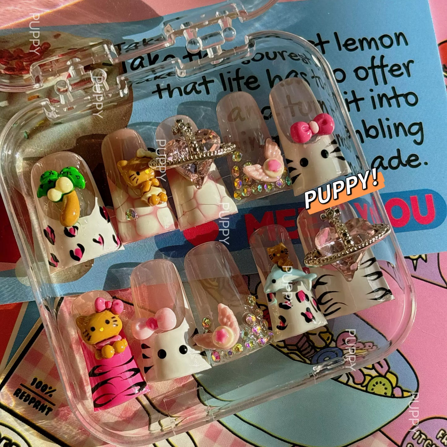 PUPPY Home Leopard Print Hello Kitty Duck-Bill Y2K Hot Girl Press-on Nails, Sweet and Cool European-American Style Cute Nail Art