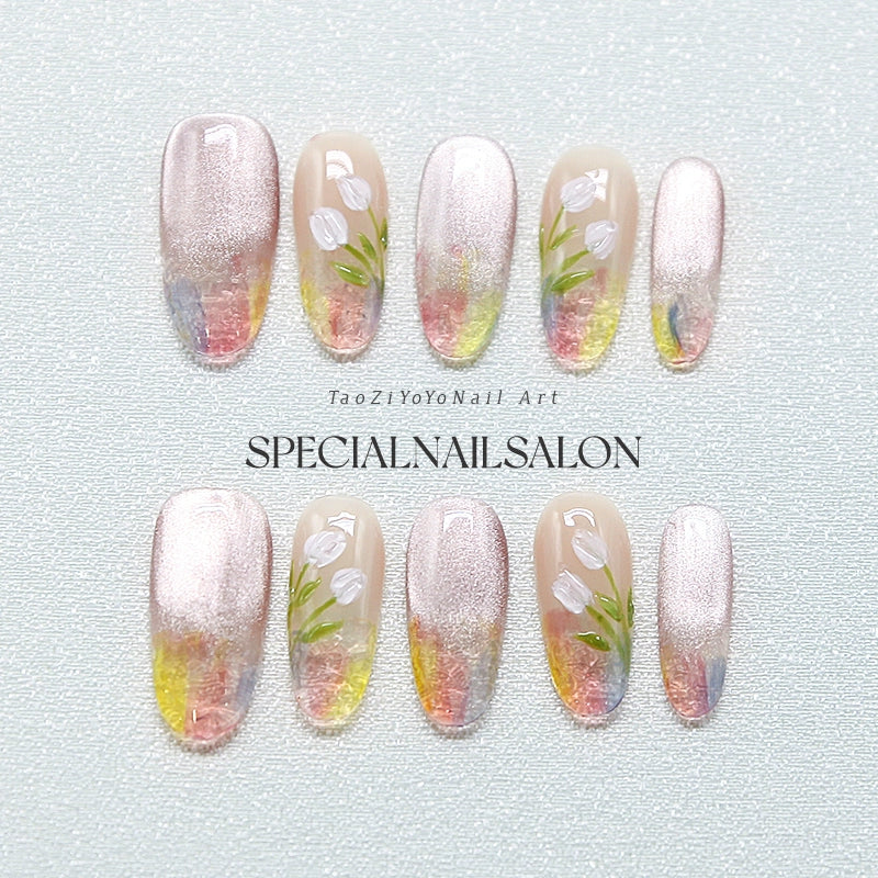"Silver Sand Dream" Handmade Press-on Nails, Gradient Contrast Color with High-end Whitening, Gentle Ambient Vibe Nail Art