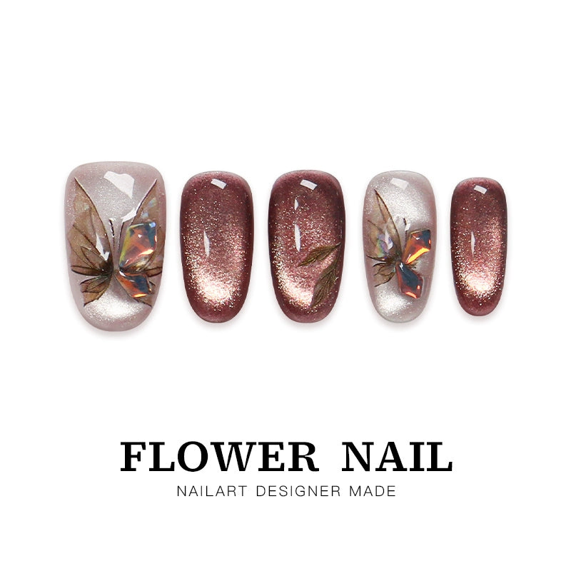 Hua Zhi "Withered Wood Butterfly" Handmade Butterfly Press-on nails, Cat Eye Medium Length, Maillard Aesthetic, 2025 New Style